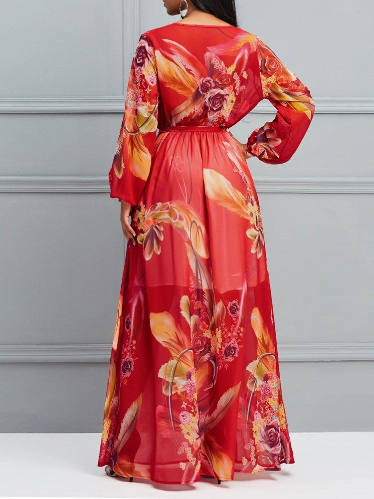 Robe Imprimée À Col En V Et Longueur Au Sol Pour Femmes