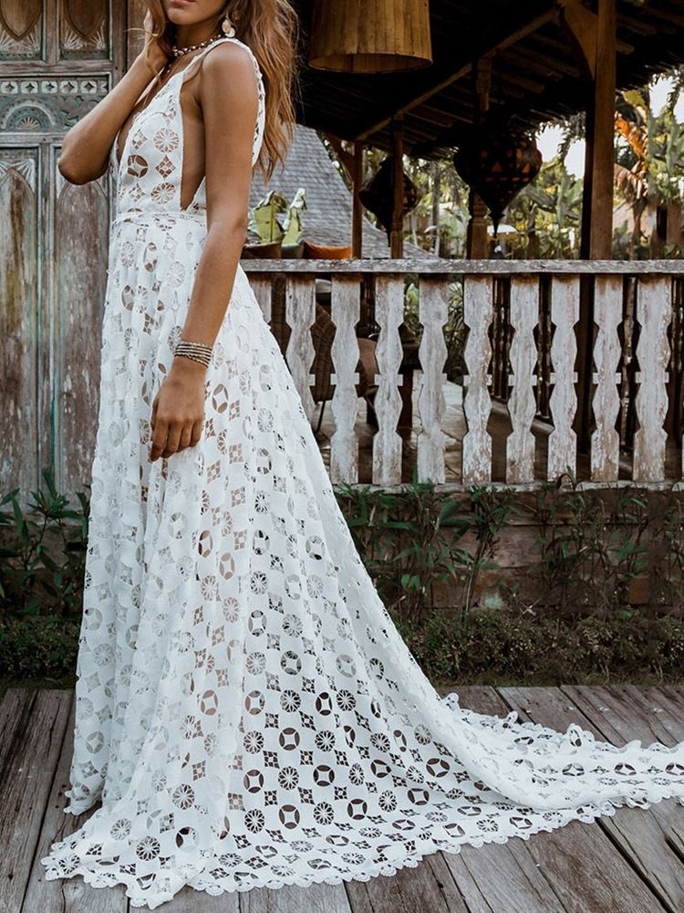 Robe Longue Blanche Sans Manches À Col En V Pour Femmes