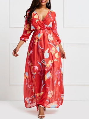 Robe Longue À Col En V À Manches Lanternes À Fleurs Rouges Pour Femmes