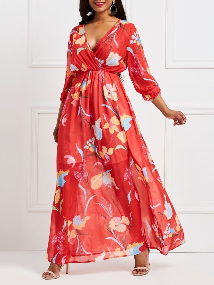 Robe Longue À Col En V À Manches Lanternes À Fleurs Rouges Pour Femmes