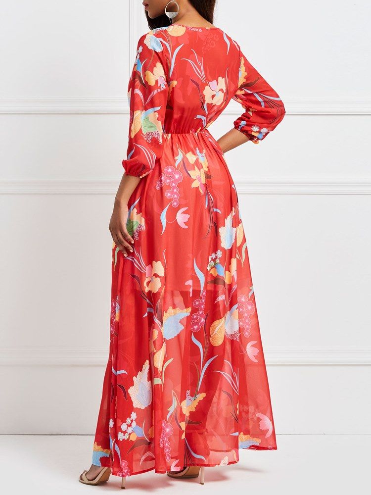 Robe Longue À Col En V À Manches Lanternes À Fleurs Rouges Pour Femmes