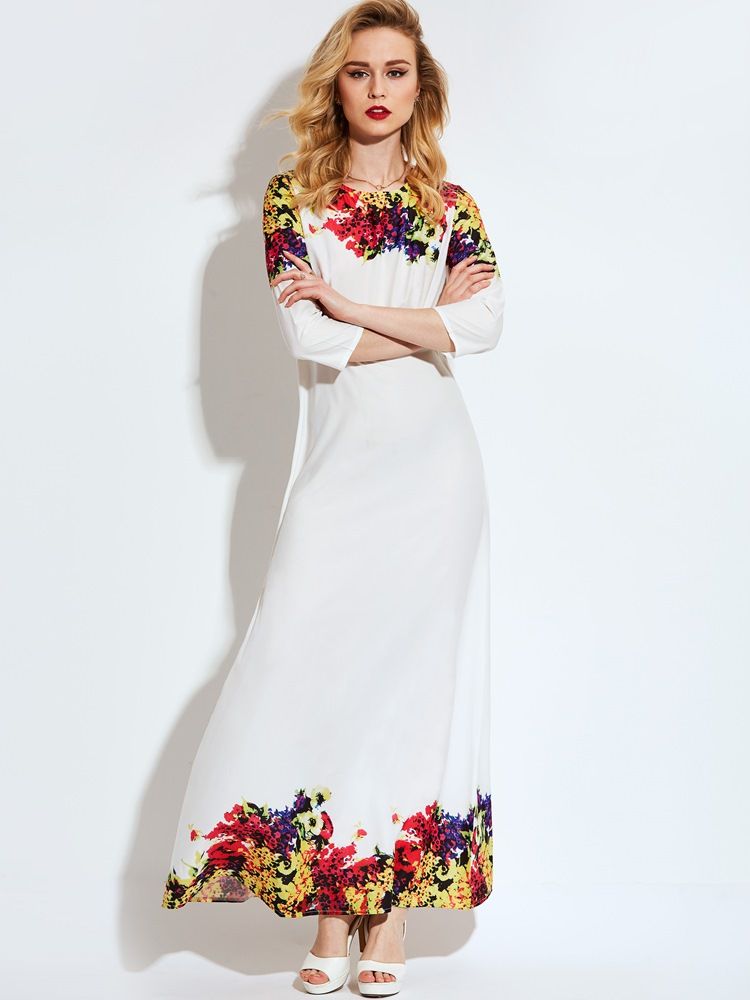 Robe Longue D'expansion À Imprimé Floral Pour Femmes3 À 4 Manches