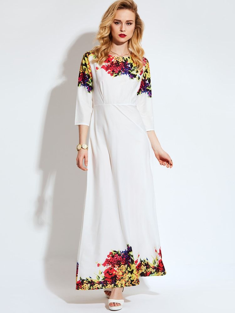 Robe Longue D'expansion À Imprimé Floral Pour Femmes3 À 4 Manches