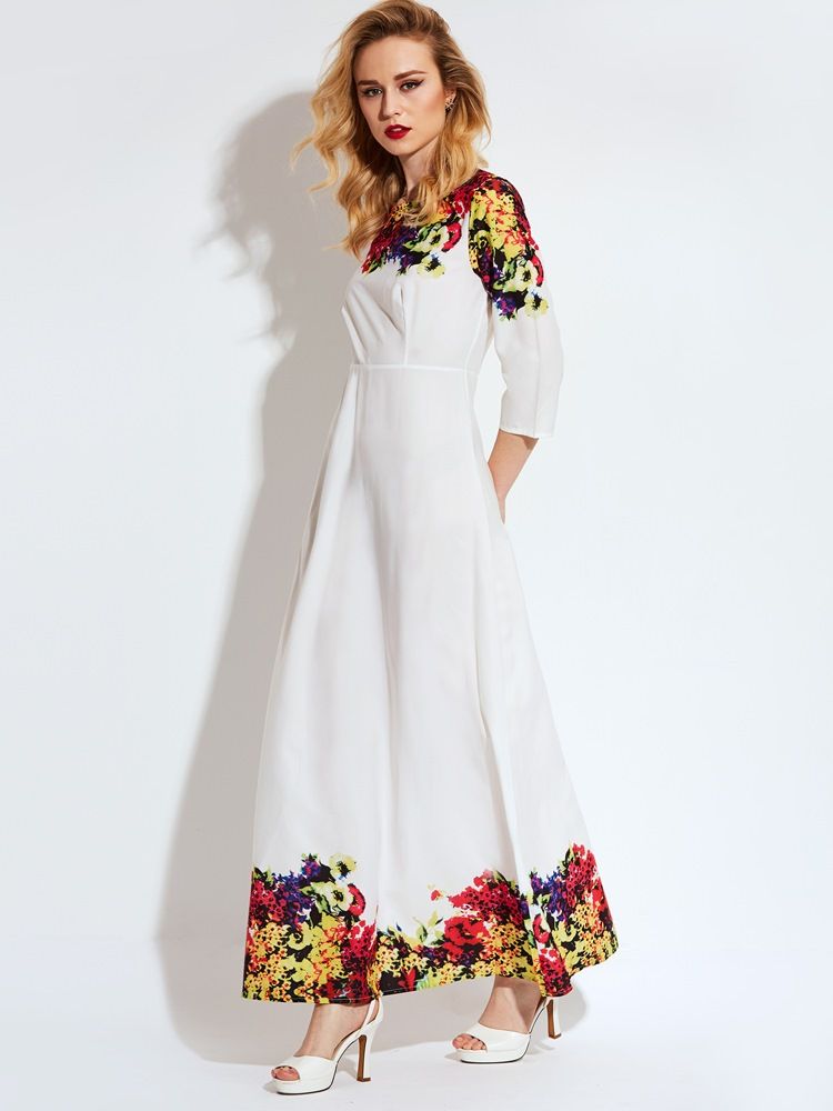 Robe Longue D'expansion À Imprimé Floral Pour Femmes3 À 4 Manches