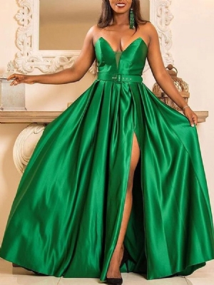 Robe Longue Fendue À Col En V Pour Femmes Robe Maxi Taille Haute