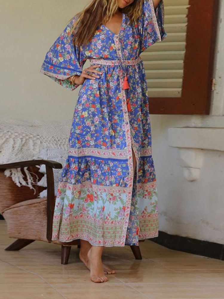 Robe Longue Fleurie À Col En V Et Imprimé À La Cheville Robes De Plage Pour Femmes