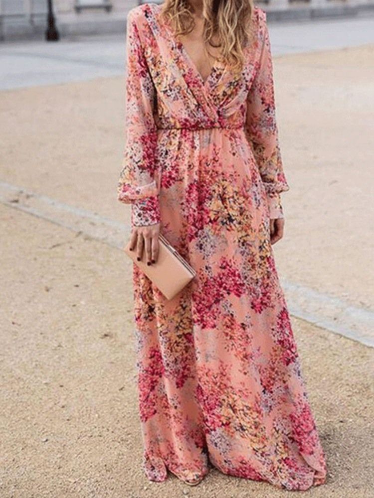 Robe Longue À Fleurs Imprimées À Col En V Et Longueur Au Sol Robes De Plage Pour Femmes