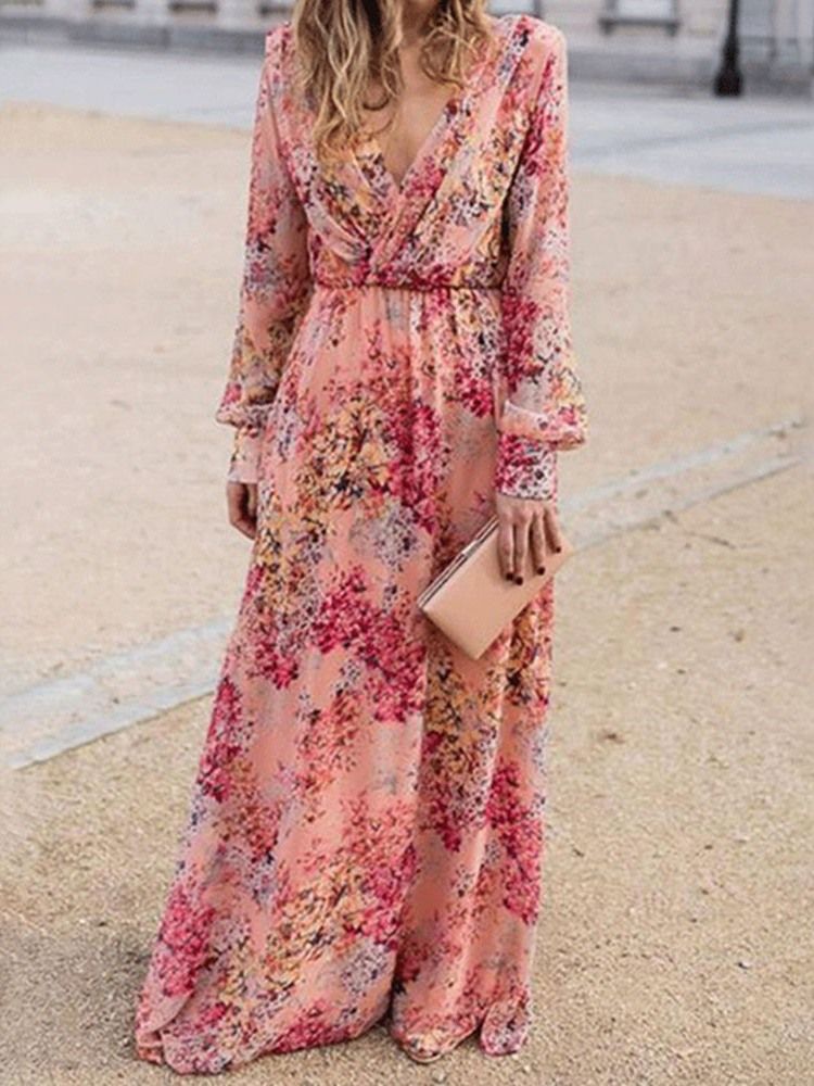 Robe Longue À Fleurs Imprimées À Col En V Et Longueur Au Sol Robes De Plage Pour Femmes