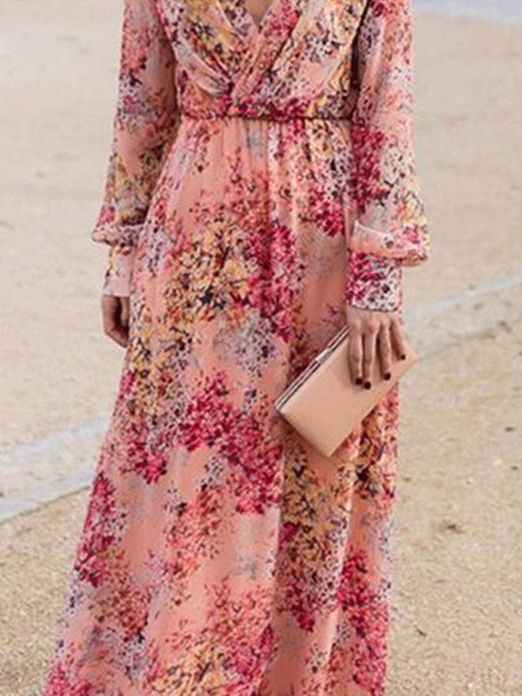 Robe Longue À Fleurs Imprimées À Col En V Et Longueur Au Sol Robes De Plage Pour Femmes