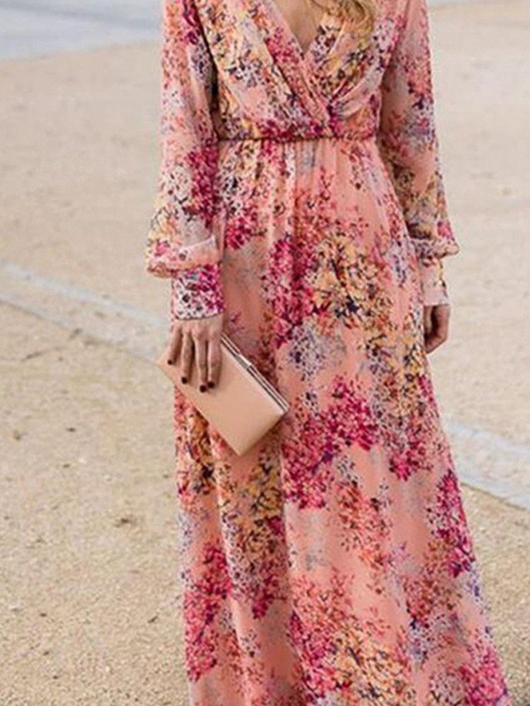 Robe Longue À Fleurs Imprimées À Col En V Et Longueur Au Sol Robes De Plage Pour Femmes