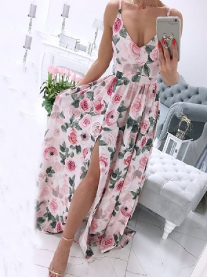 Robe Longue À Fleurs Spaghetti Sans Manches Fendues Au Sol Robes De Plage Pour Femmes