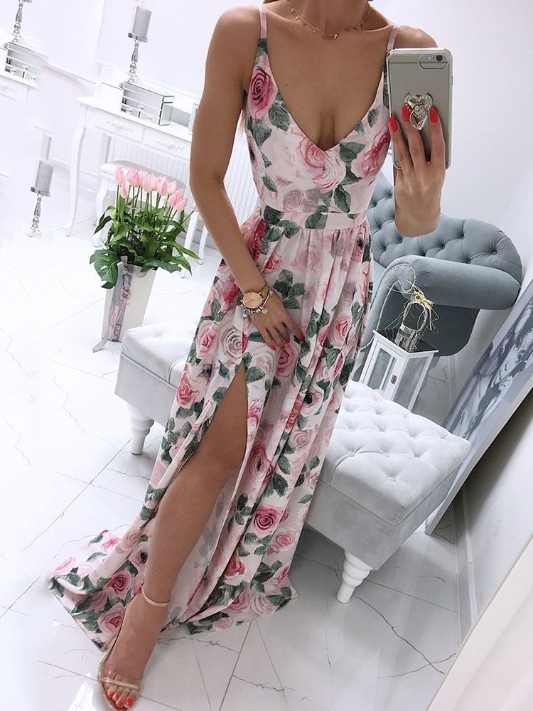 Robe Longue À Fleurs Spaghetti Sans Manches Fendues Au Sol Robes De Plage Pour Femmes