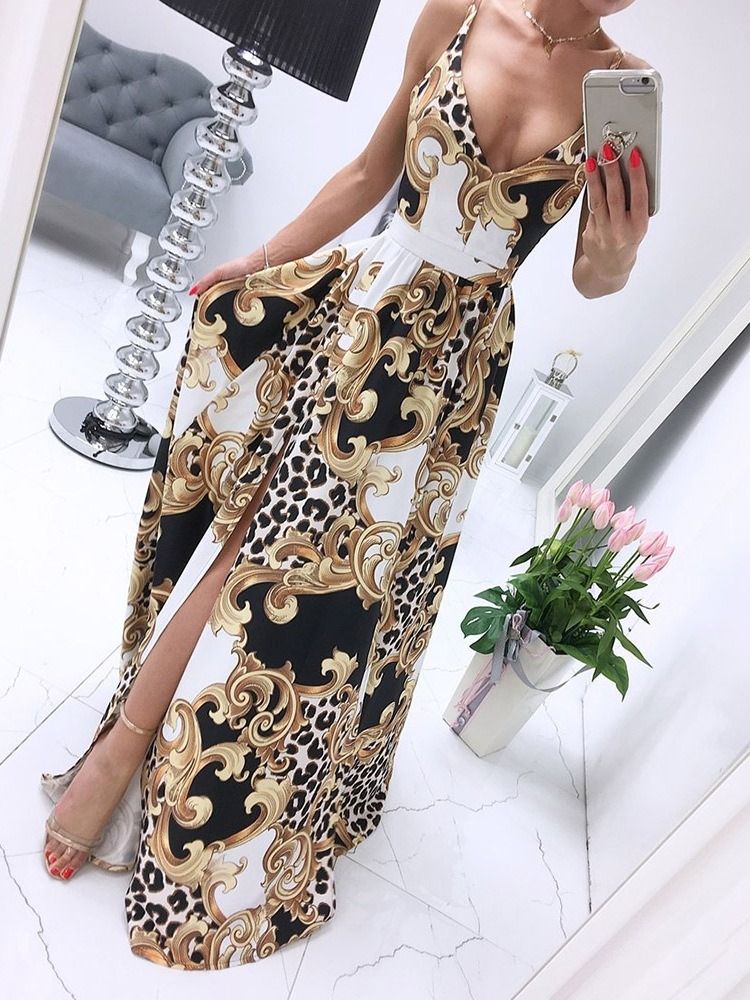 Robe Longue À Fleurs Spaghetti Sans Manches Fendues Au Sol Robes De Plage Pour Femmes