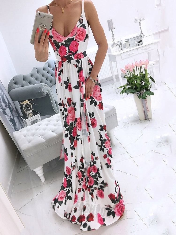 Robe Longue À Fleurs Spaghetti Sans Manches Fendues Au Sol Robes De Plage Pour Femmes