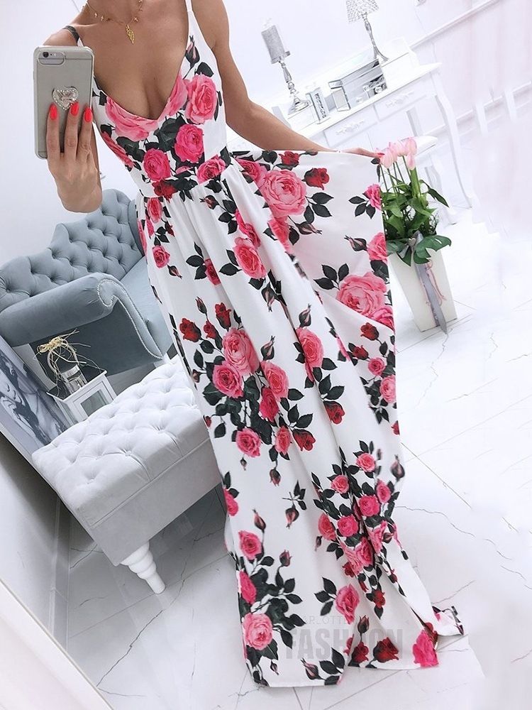 Robe Longue À Fleurs Spaghetti Sans Manches Fendues Au Sol Robes De Plage Pour Femmes