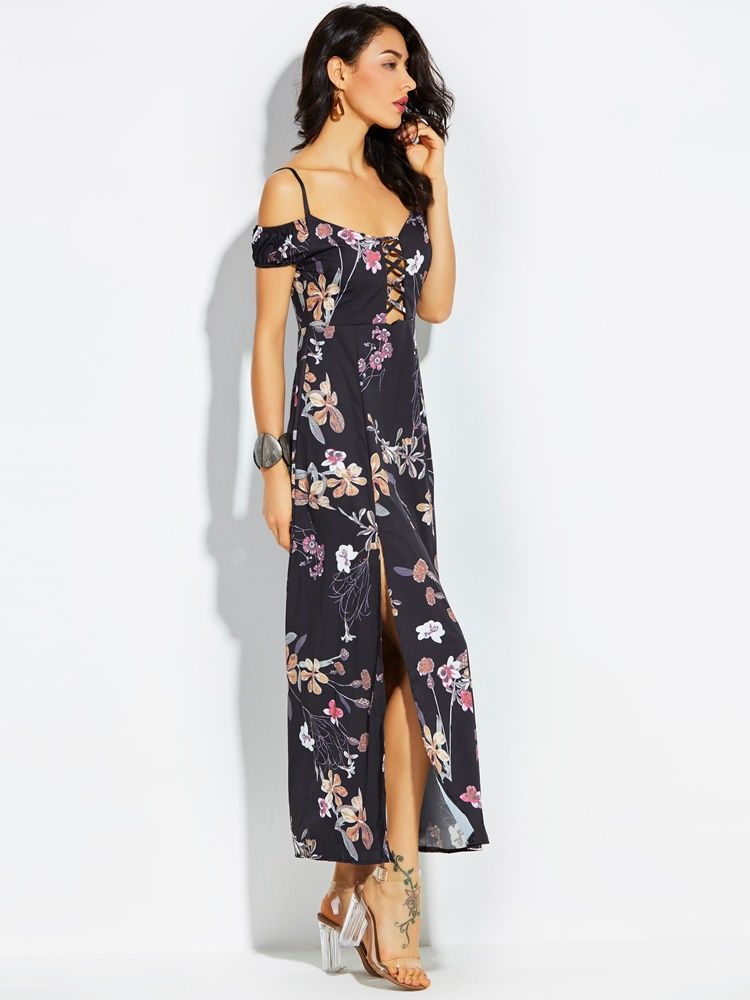 Robe Longue Imprimée Dos Nu À Bretelles Spaghetti Pour Femme