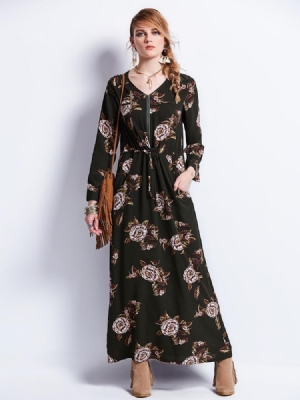 Robe Longue Imprimée À Fermeture Éclair À Col En V Pour Femmes