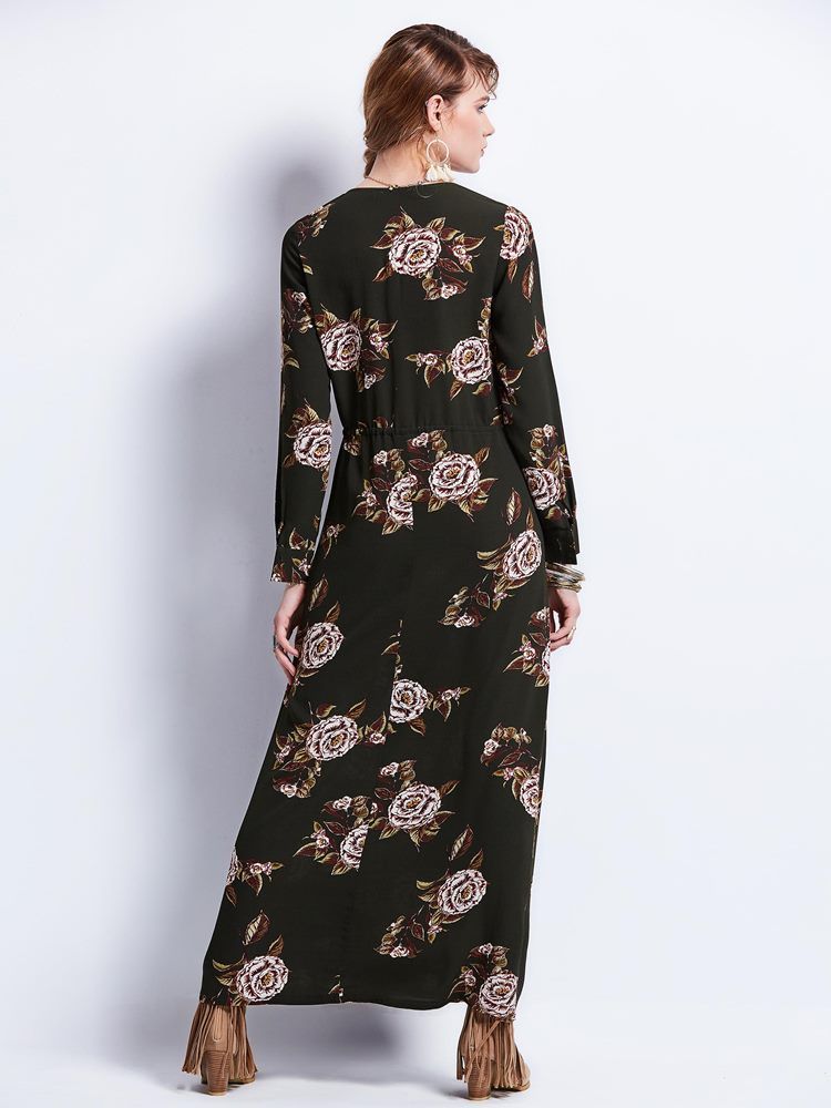 Robe Longue Imprimée À Fermeture Éclair À Col En V Pour Femmes