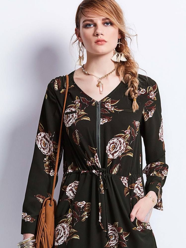 Robe Longue Imprimée À Fermeture Éclair À Col En V Pour Femmes