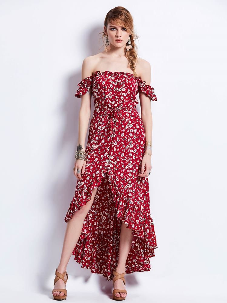 Robe Longue Imprimée À Manches Bouffantes Et À Encolure Oblique Pour Femmes