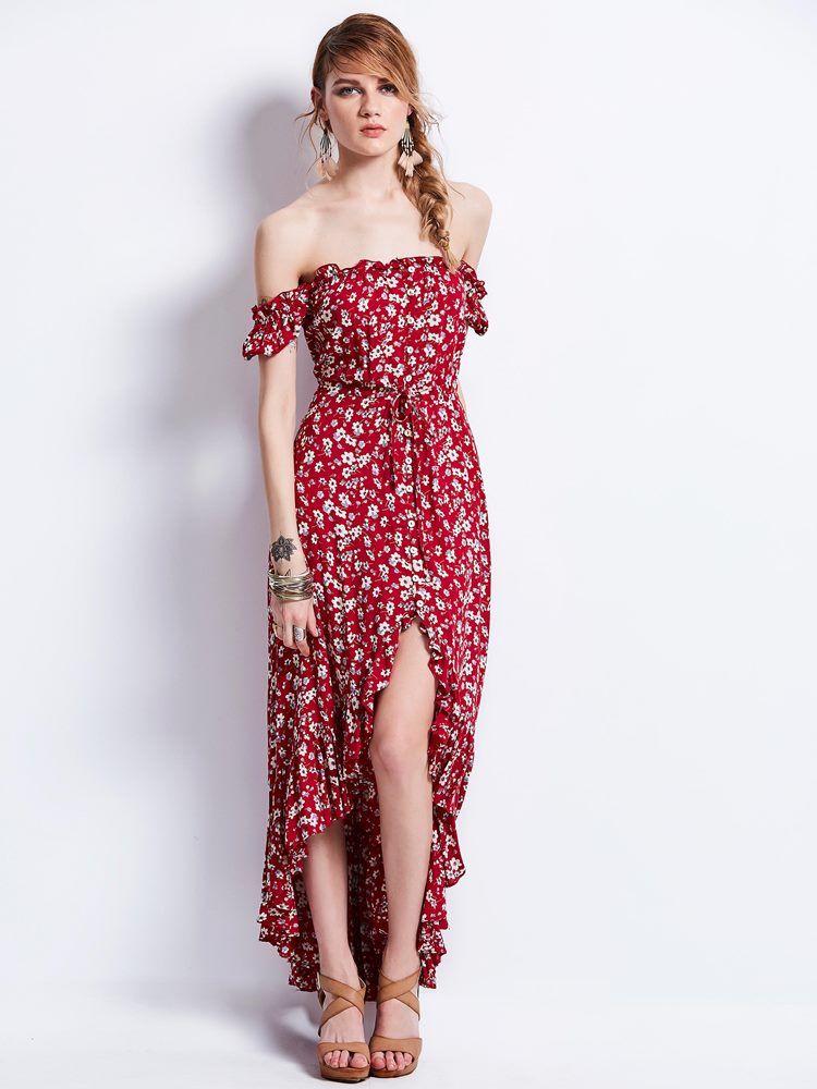 Robe Longue Imprimée À Manches Bouffantes Et À Encolure Oblique Pour Femmes