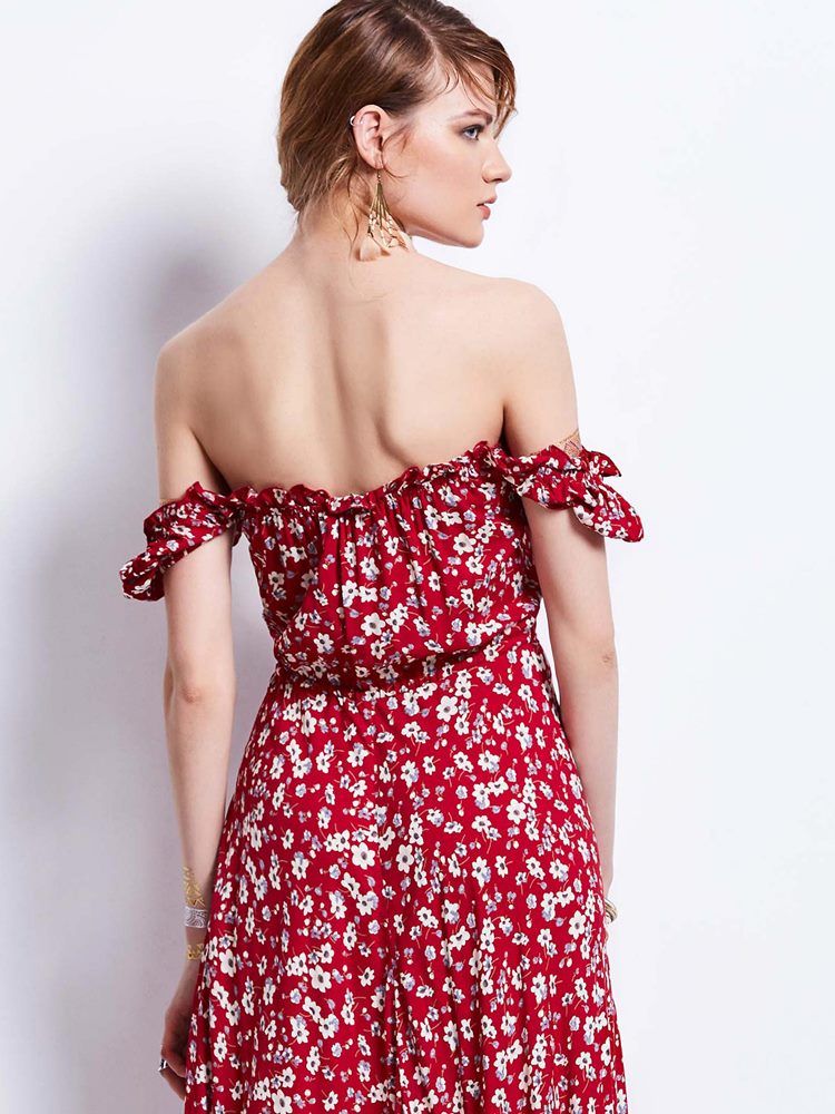 Robe Longue Imprimée À Manches Bouffantes Et À Encolure Oblique Pour Femmes