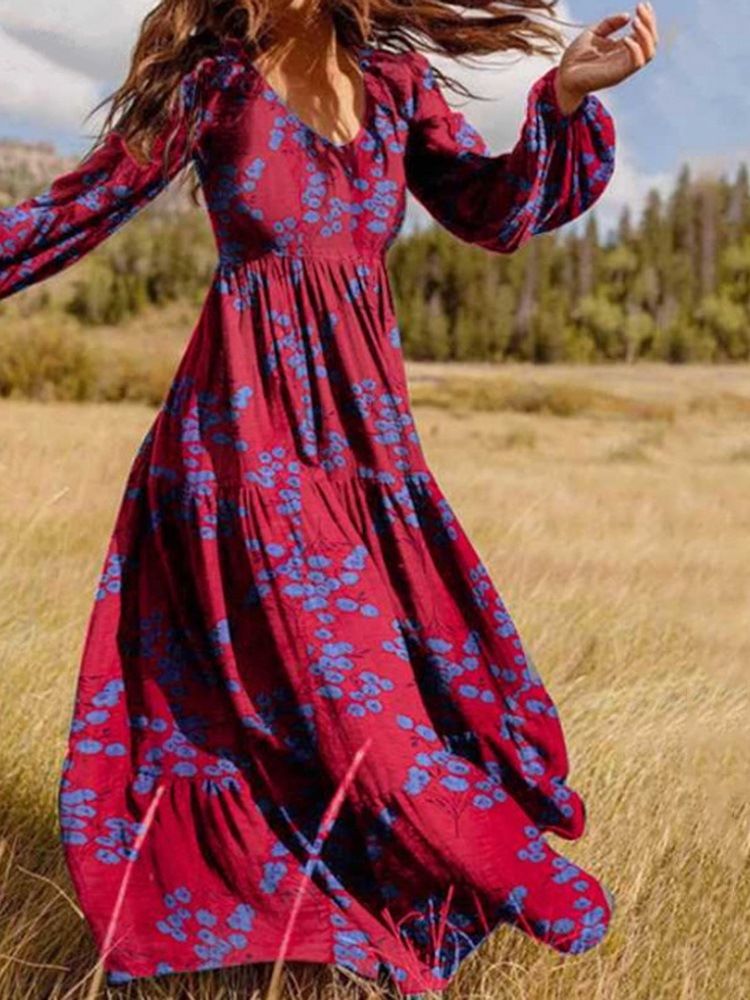 Robe Longue À Manches Longues Et À Encolure En V Pour Femmes D'automne