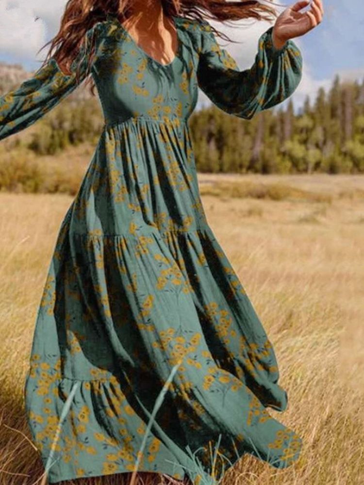 Robe Longue À Manches Longues Et À Encolure En V Pour Femmes D'automne