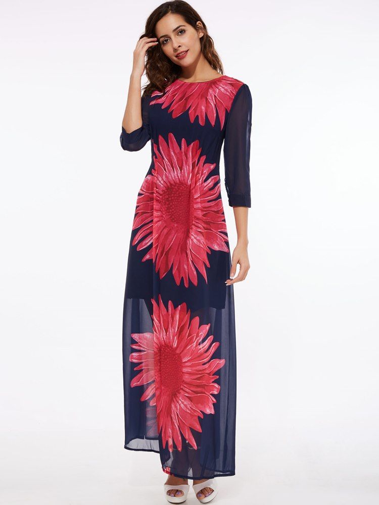 Robe Longue À Manches Trois-quarts Et À Imprimé Floral Pour Femmes