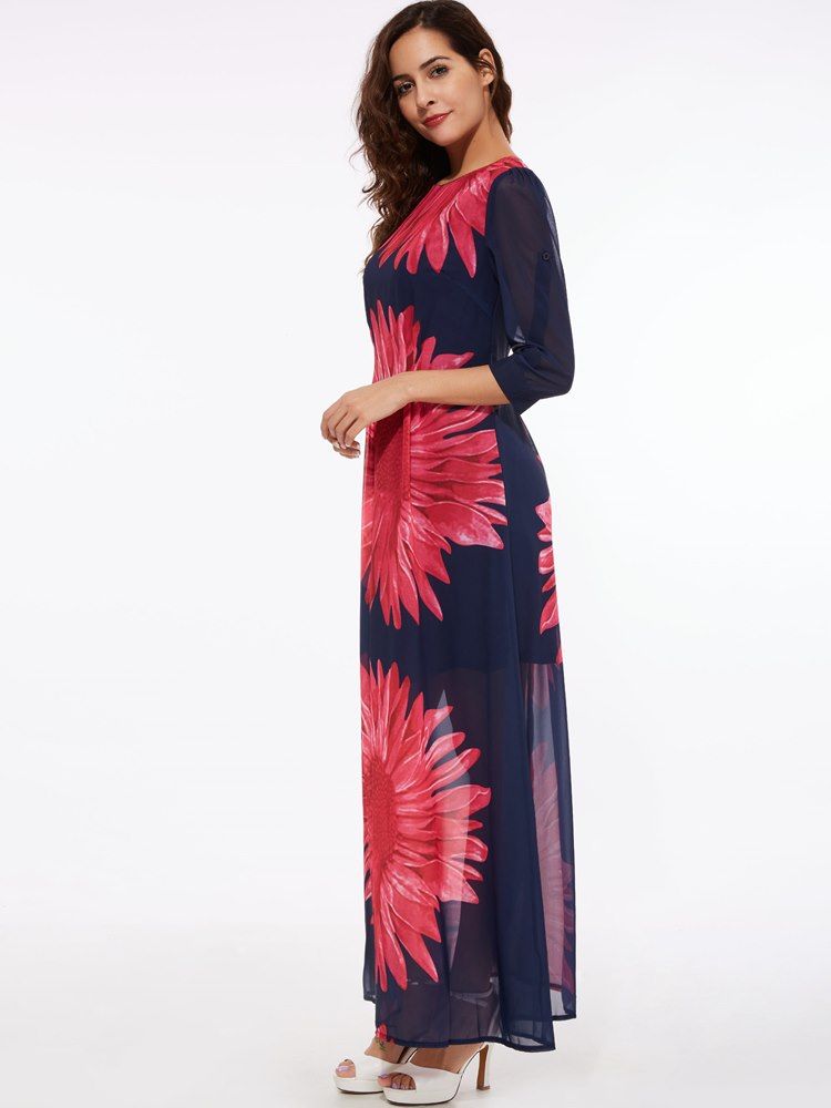 Robe Longue À Manches Trois-quarts Et À Imprimé Floral Pour Femmes