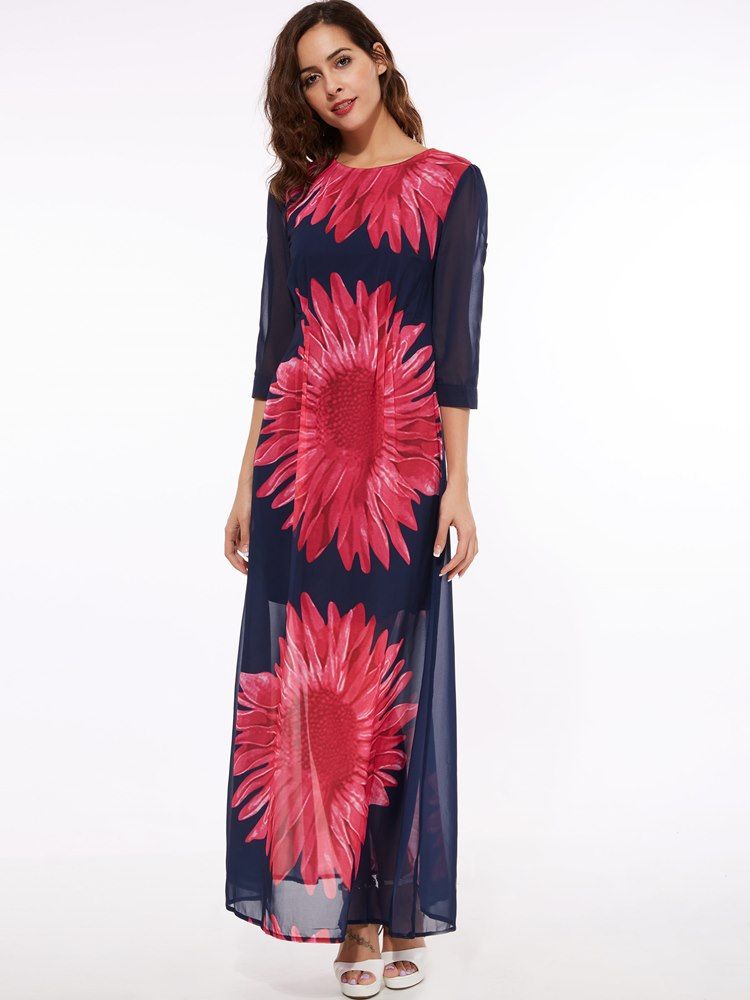 Robe Longue À Manches Trois-quarts Et À Imprimé Floral Pour Femmes