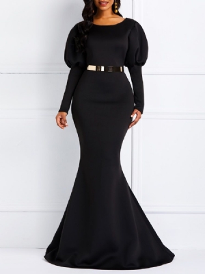 Robe Longue Noire Sirène À Manches Longues Gigot Pour Femmes (sans Ceinture)