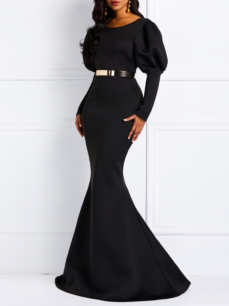 Robe Longue Noire Sirène À Manches Longues Gigot Pour Femmes (sans Ceinture)