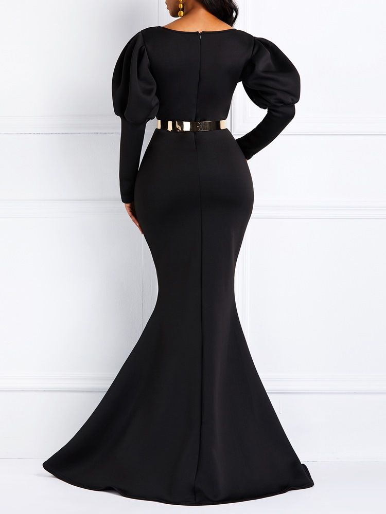 Robe Longue Noire Sirène À Manches Longues Gigot Pour Femmes (sans Ceinture)