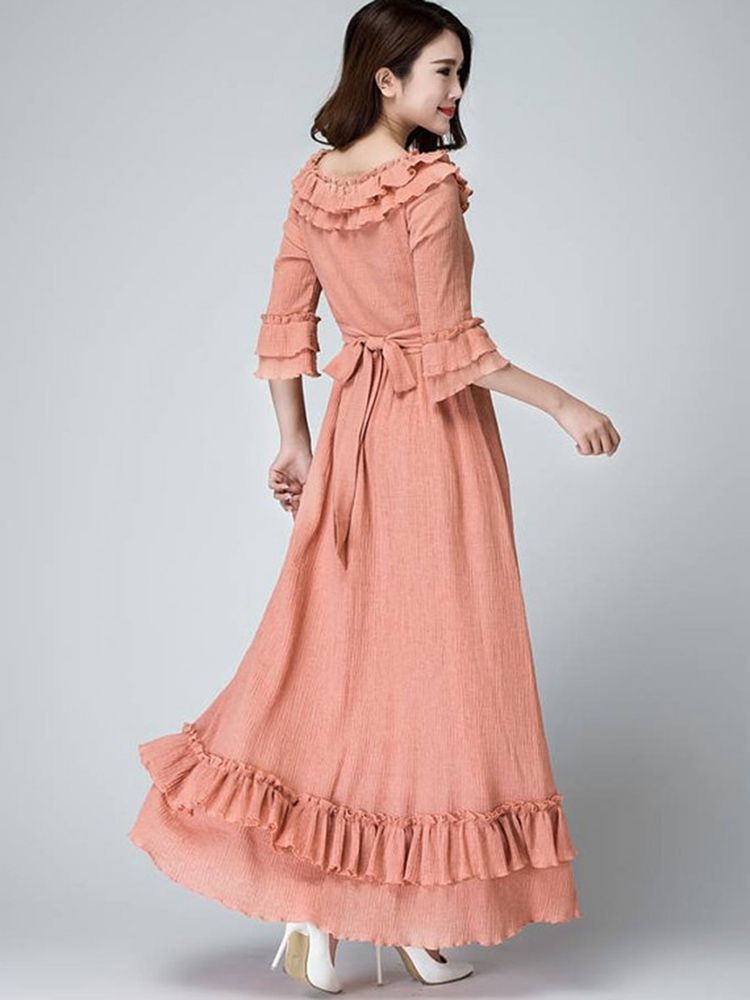 Robe Longue Plissée À Col Volanté Falbala Pour Femmes