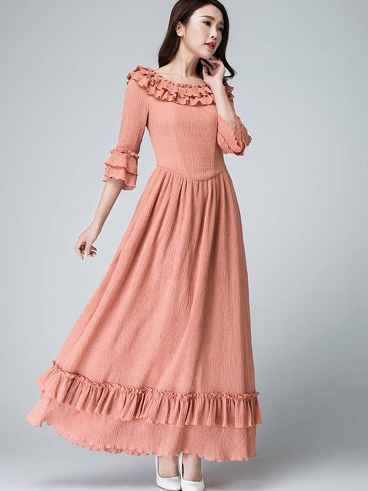 Robe Longue Plissée À Col Volanté Falbala Pour Femmes