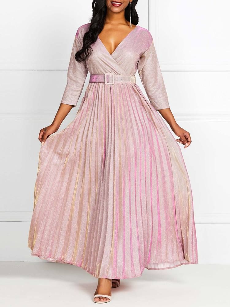 Robe Longue Plissée À Encolure En V Pour Femmes