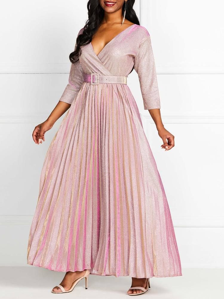 Robe Longue Plissée À Encolure En V Pour Femmes