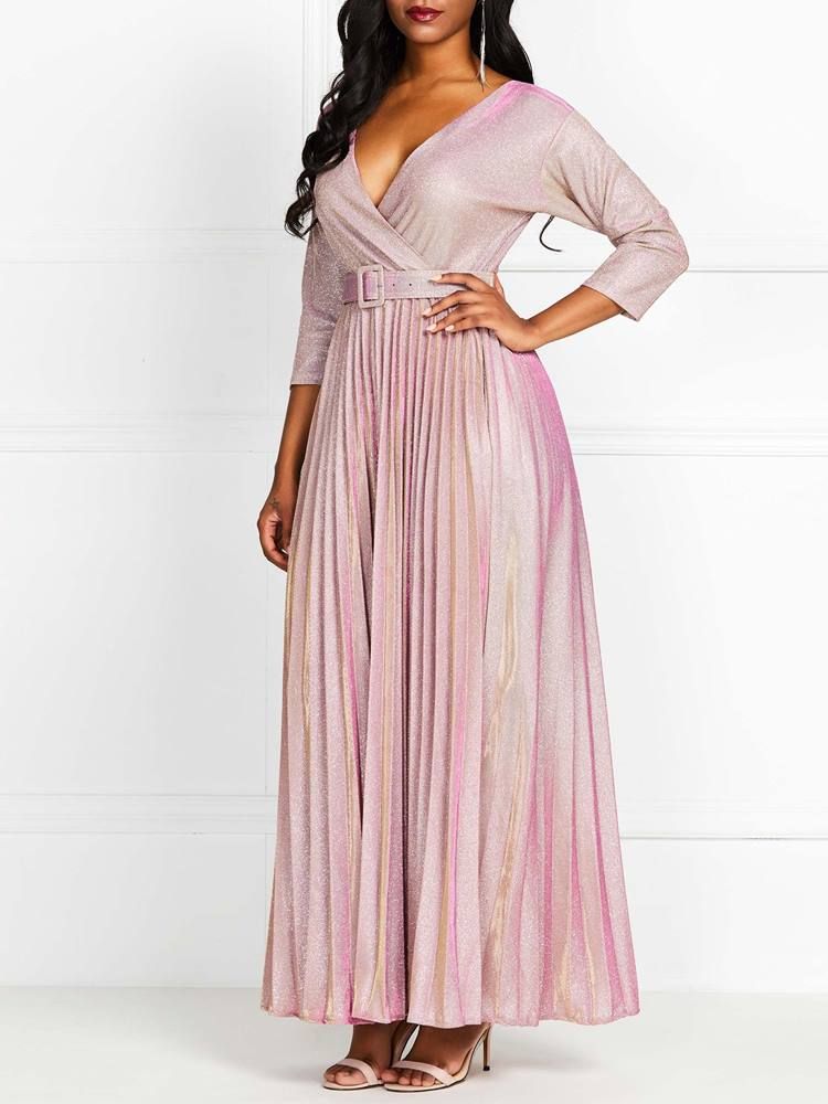 Robe Longue Plissée À Encolure En V Pour Femmes