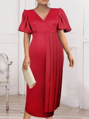 Robe Longue Rouge Uni À Manches Courtes Et Col En V Pour Femmes