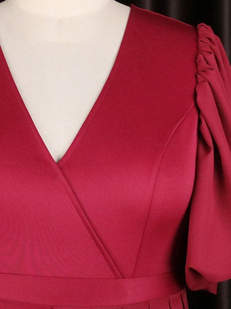 Robe Longue Rouge Uni À Manches Courtes Et Col En V Pour Femmes