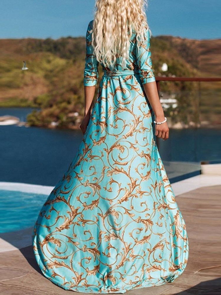 Robe À Manches Trois-quarts À Col En V Et Longueur Au Sol Pour Femme