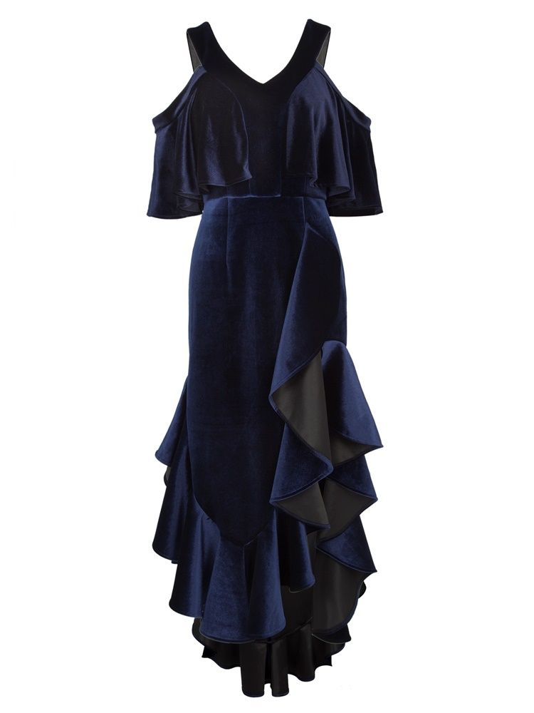 Robe Maxi Asymétrique En Velours À Volants Et Dos Nu Pour Femmes