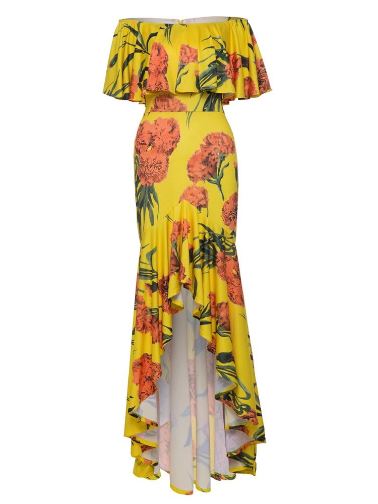 Robe Maxi À Imprimé Floral Asym Falbala Pour Femmes