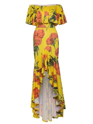 Robe Maxi À Imprimé Floral Asym Falbala Pour Femmes