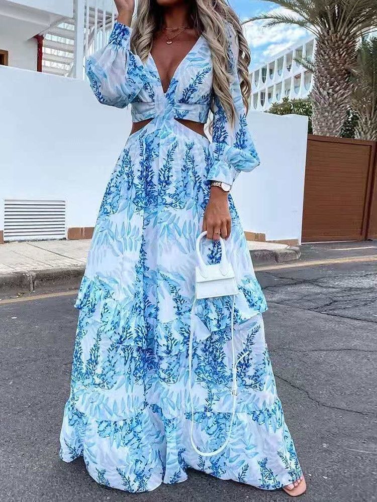 Robe Maxi Longue À Imprimé Végétal Et Col En V Pour Femmes