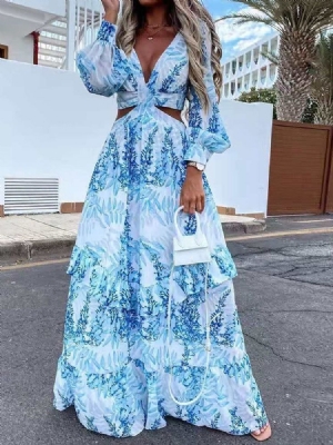 Robe Maxi Longue À Imprimé Végétal Et Col En V Pour Femmes