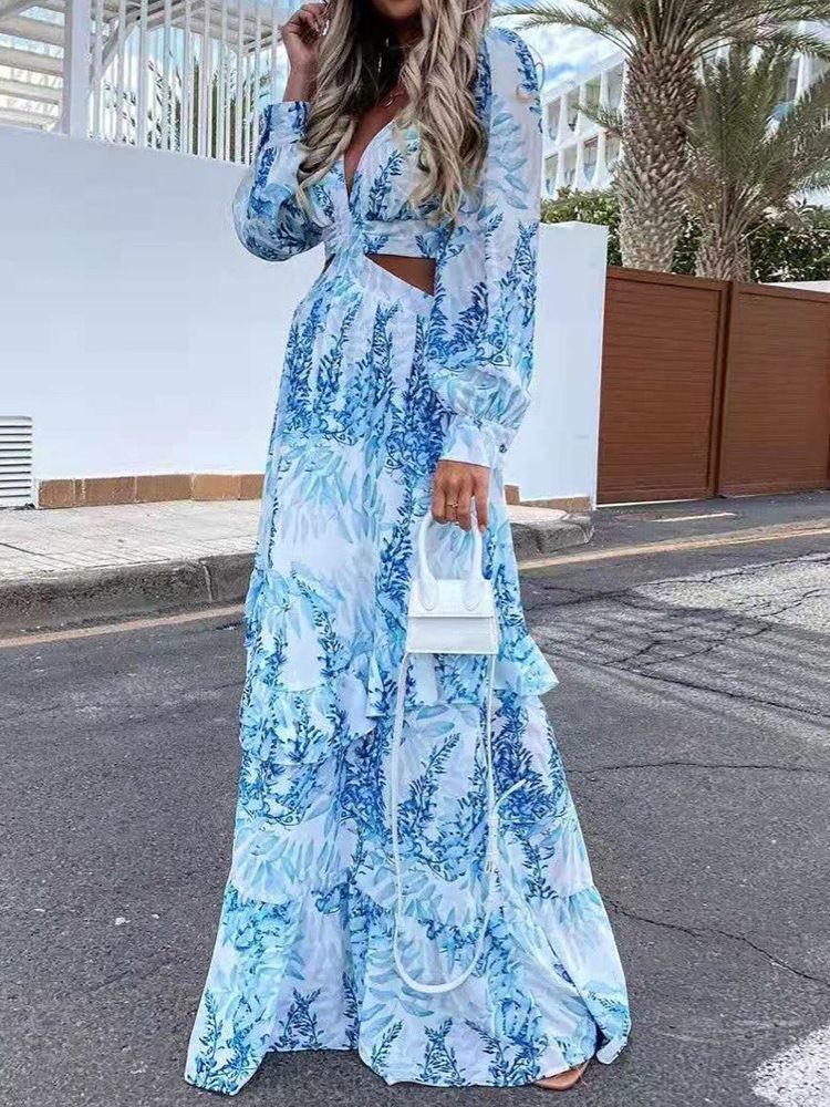 Robe Maxi Longue À Imprimé Végétal Et Col En V Pour Femmes