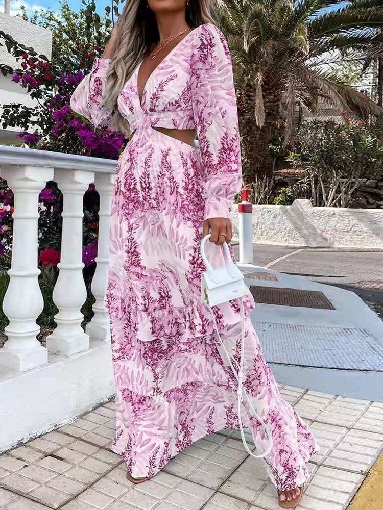 Robe Maxi Longue À Imprimé Végétal Et Col En V Pour Femmes