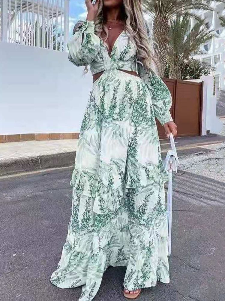 Robe Maxi Longue À Imprimé Végétal Et Col En V Pour Femmes